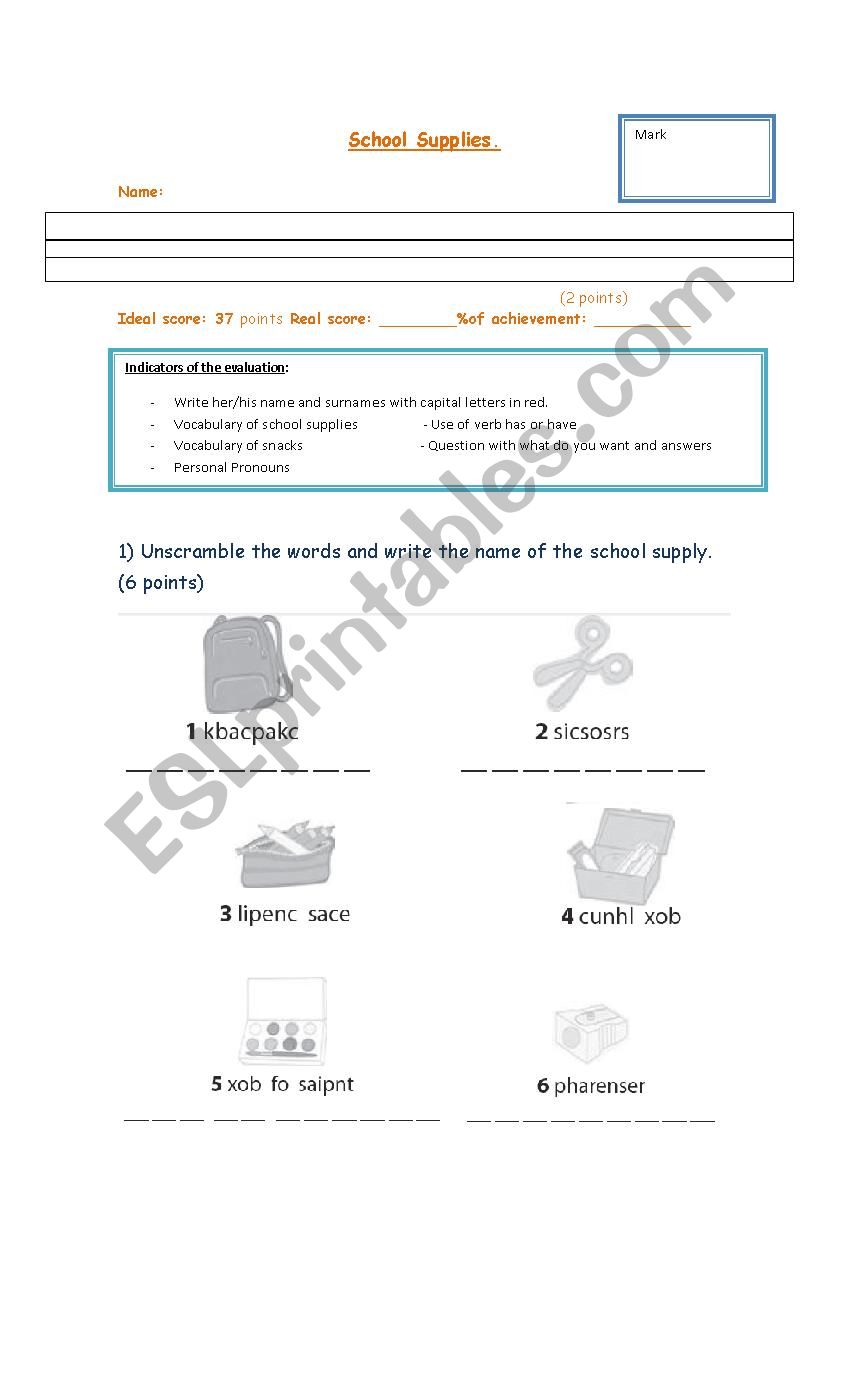 School supplies  worksheet