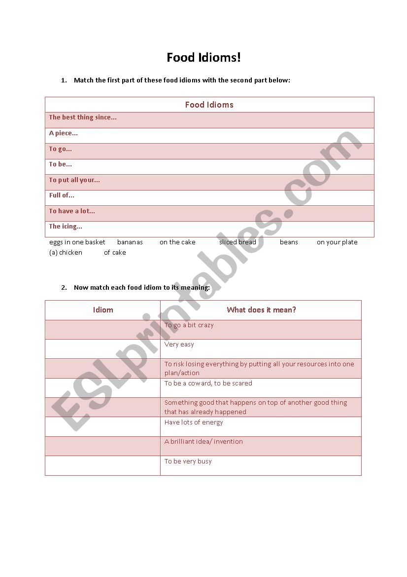 Food idioms worksheet