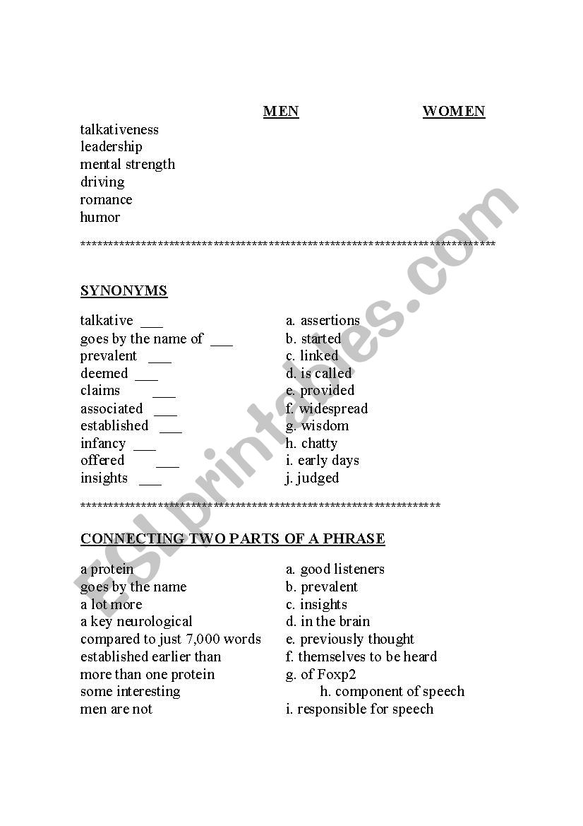 Men versus Women worksheet