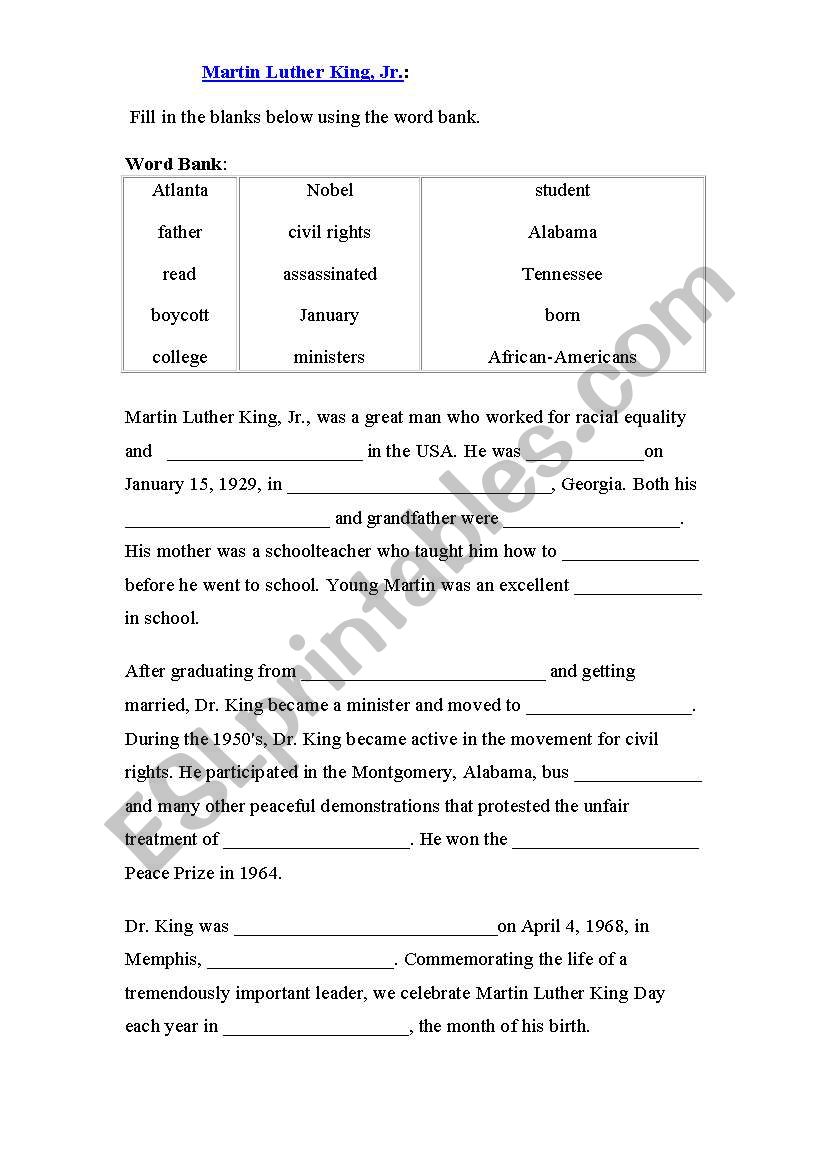 Martin Luther King worksheet