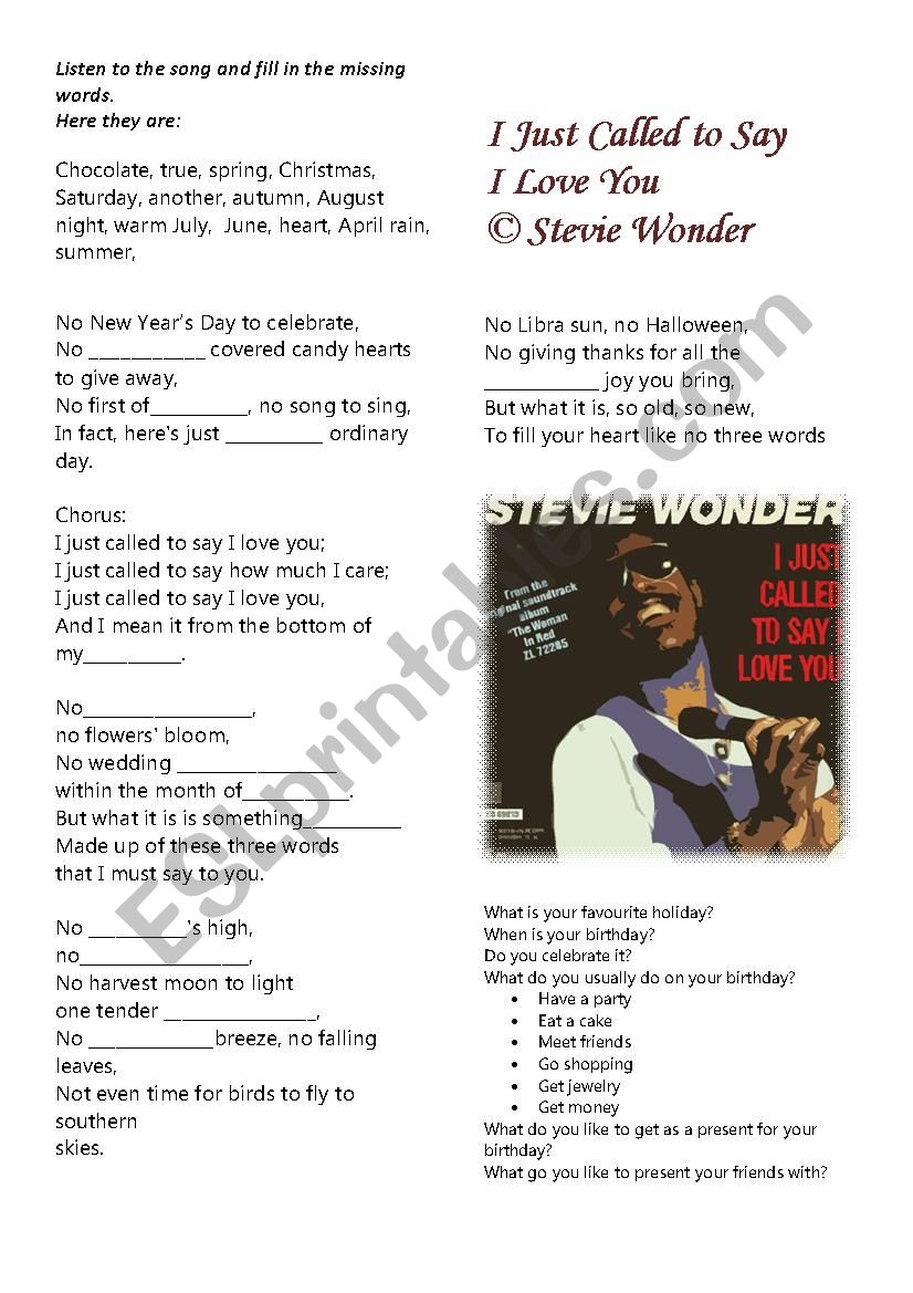 I Just Called To Say I Love You Stevie Wonder Esl Worksheet By Irina0291