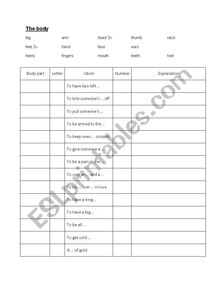 body idioms worksheet