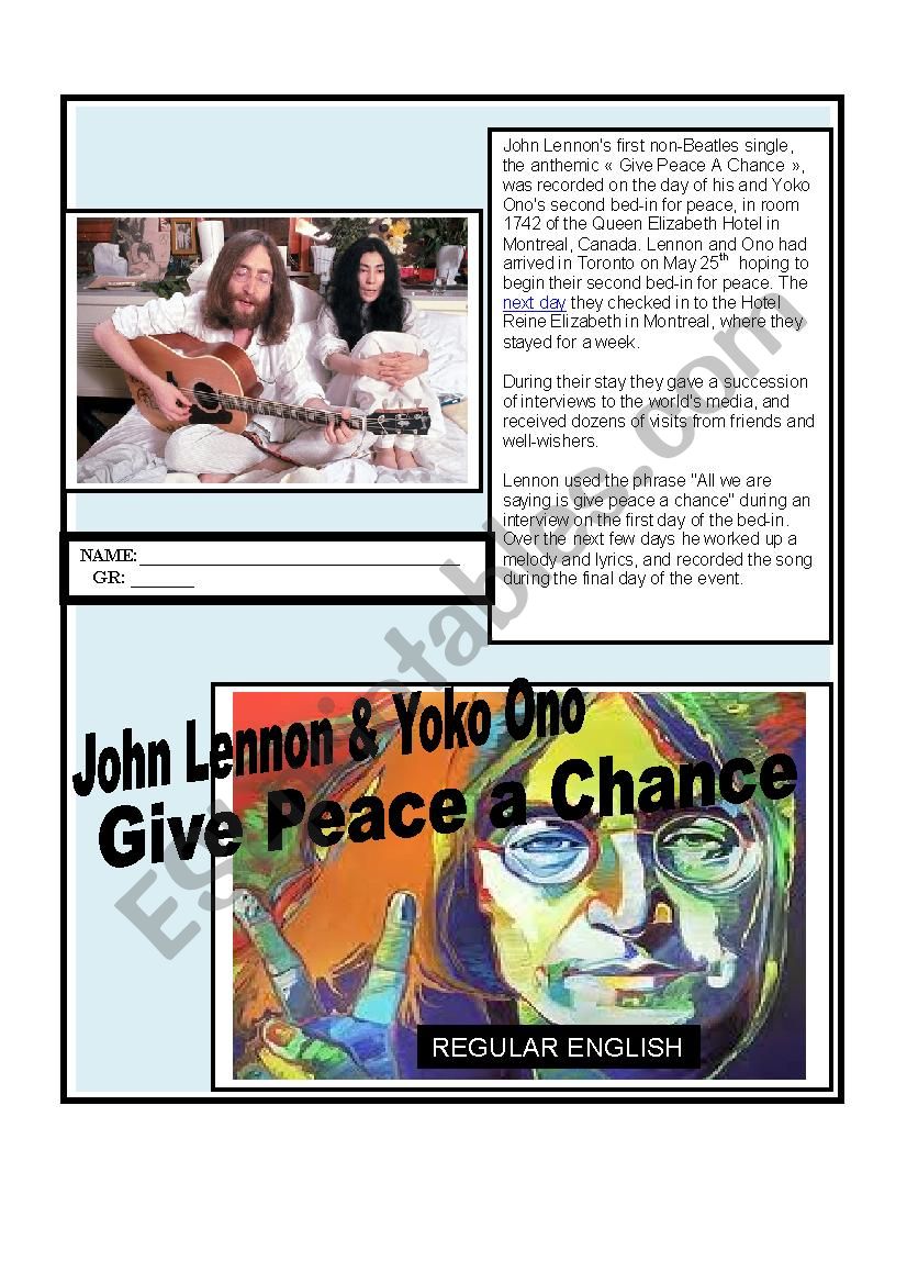 Give Peace a chance worksheet