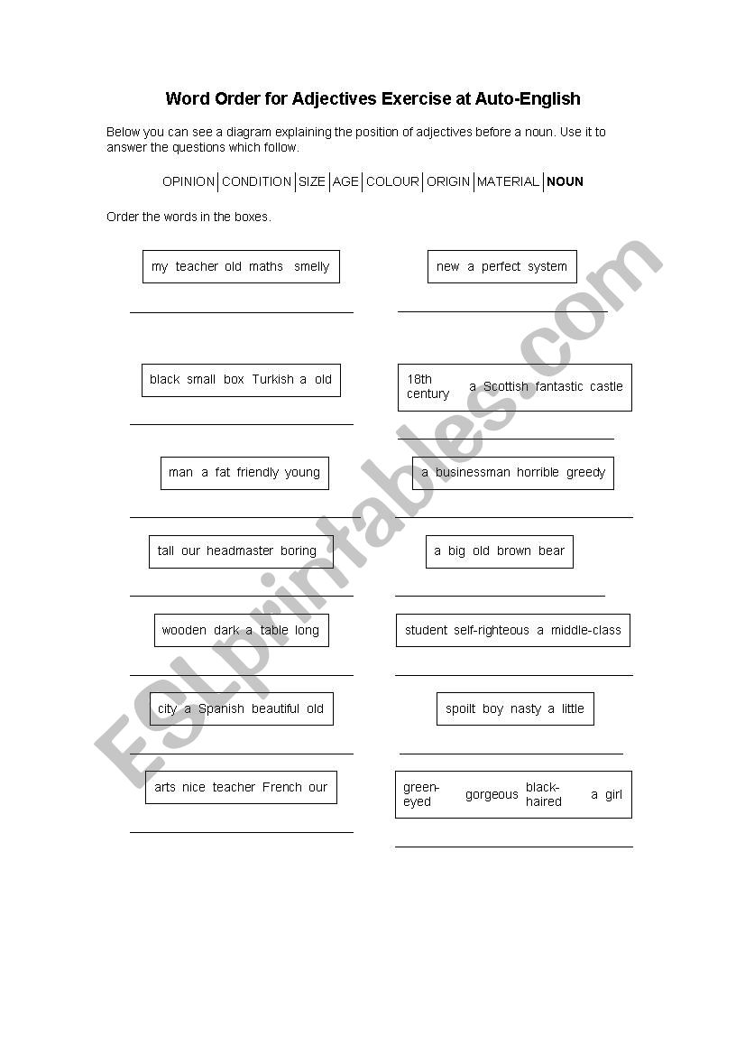 adjective order worksheet