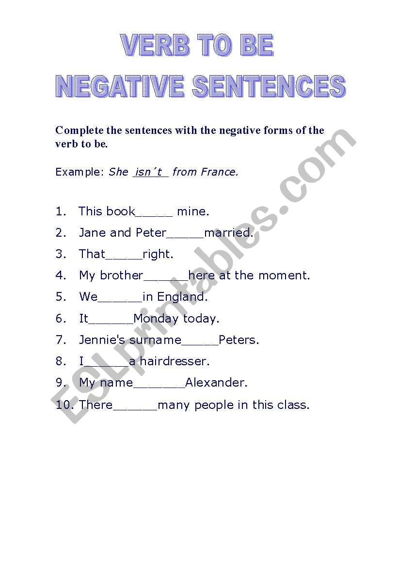 english worksheets negative sentences with verb to be