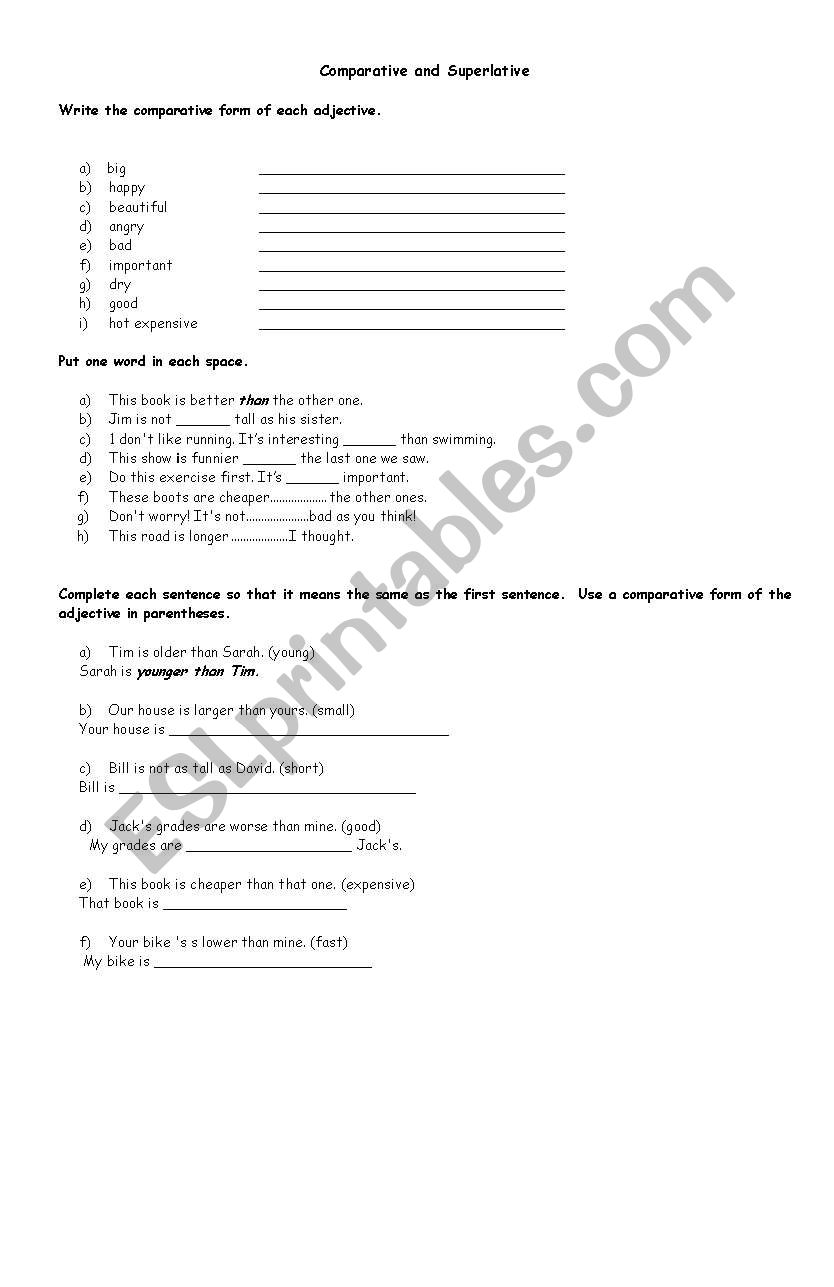 Comparative and superlative worksheet