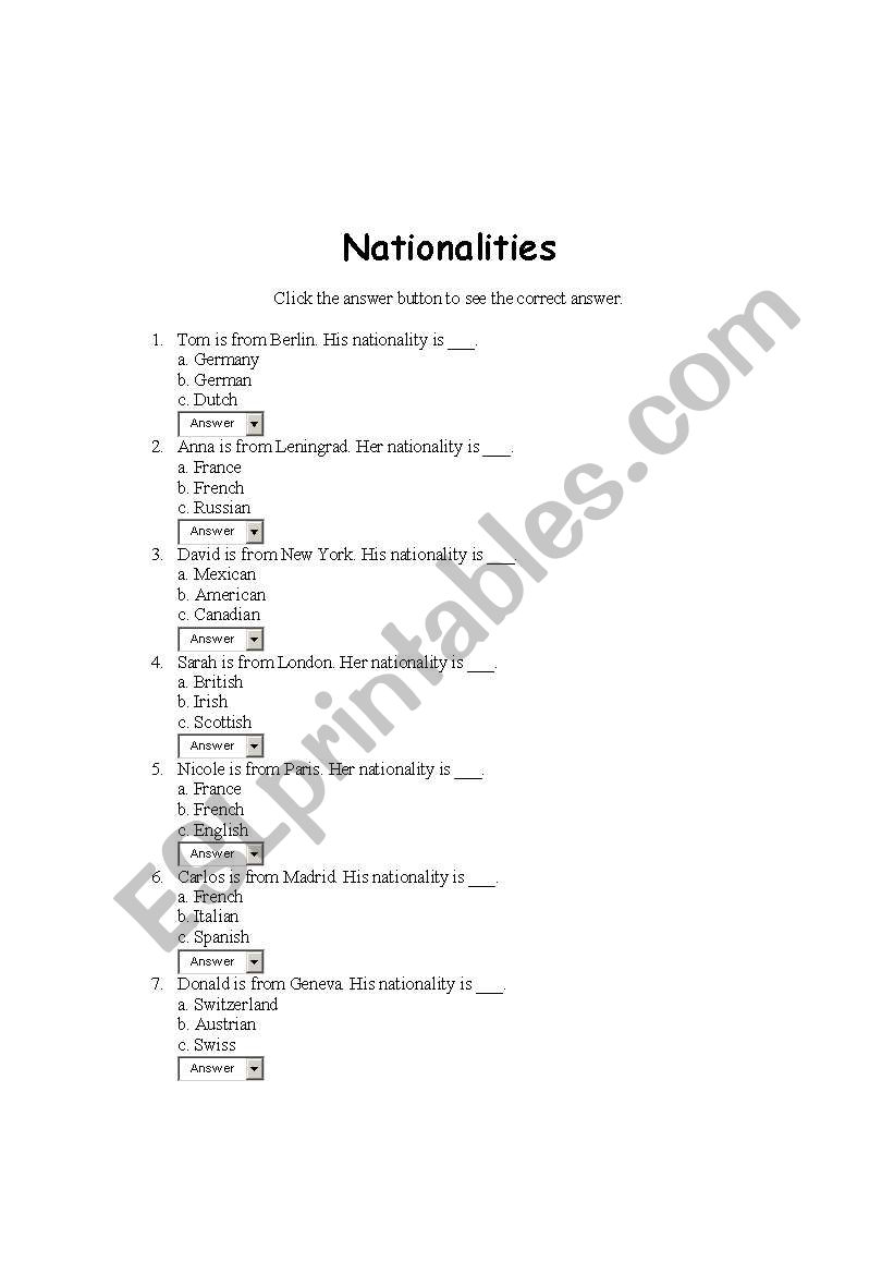 Nationalities worksheet