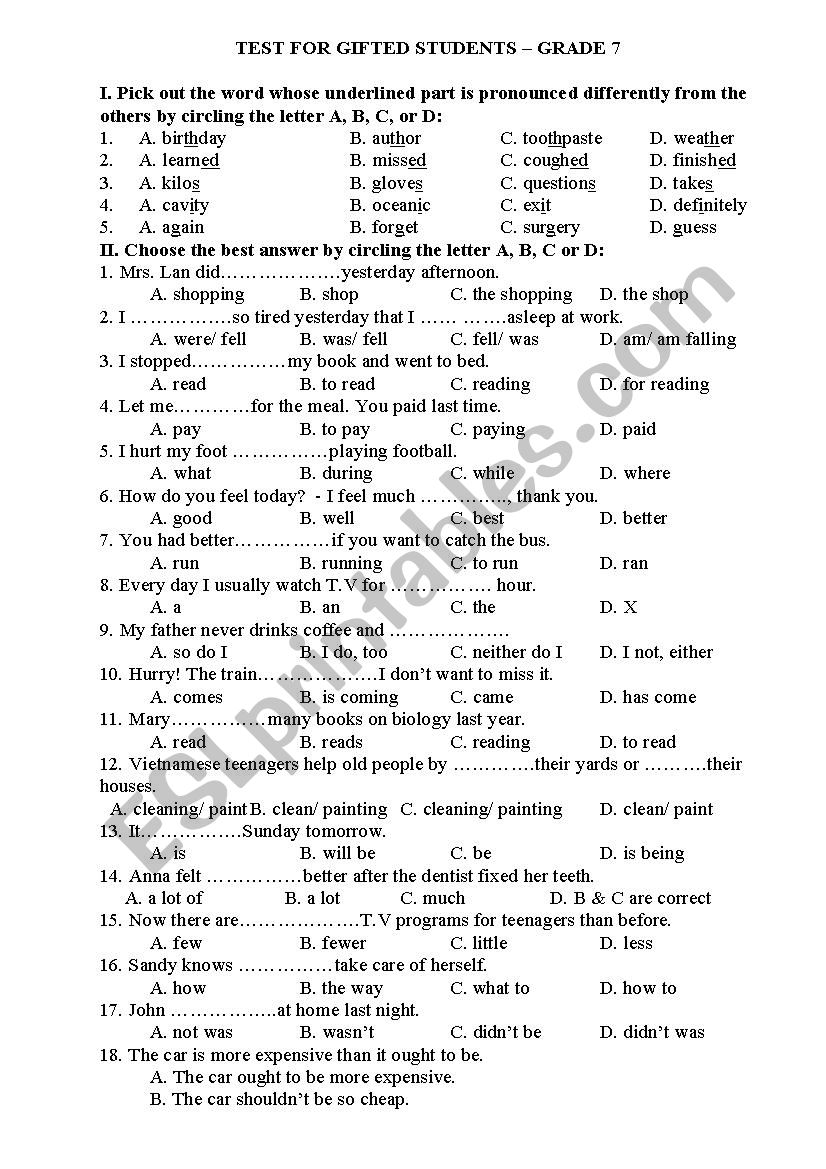 test for gifted students grade 7 ESL worksheet by TranHai