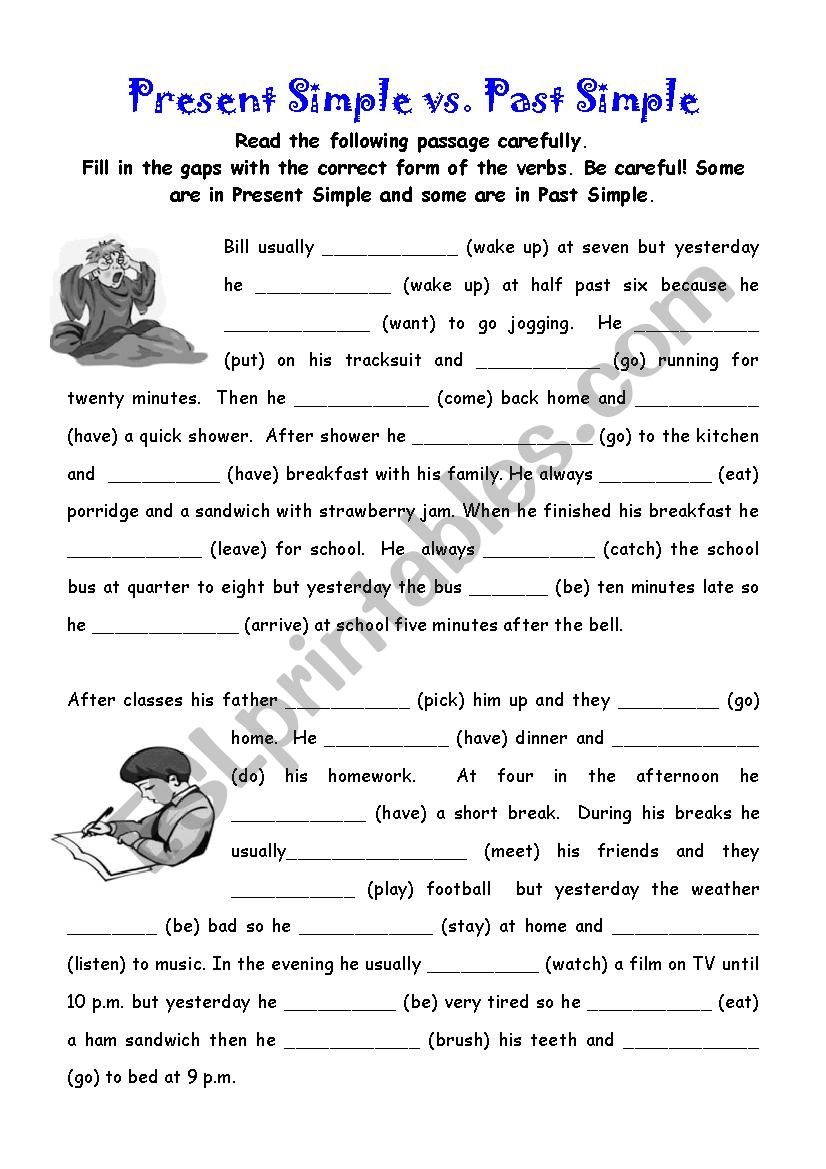 Bill´s day: Present Simple and Past Simple with answers - ESL worksheet ...