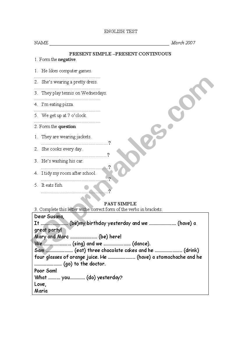 English test (elementary) worksheet