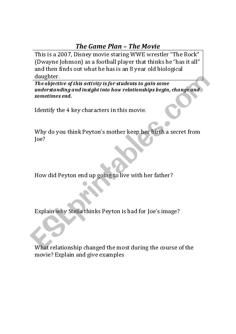 The Game Plan (the movie)  worksheet