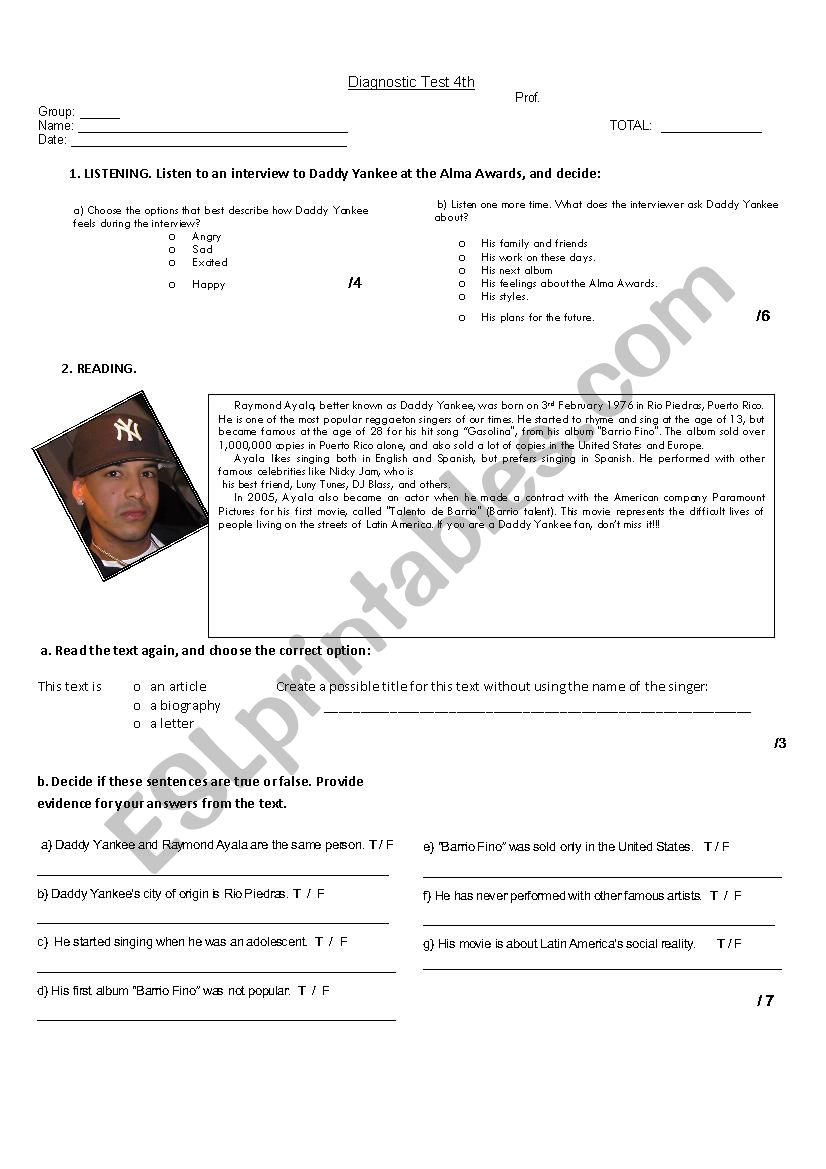 Test fourth grade worksheet