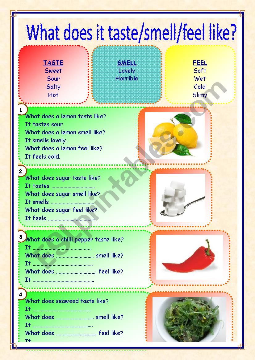 Taste Smell Feel ESL Worksheet By Ertatu