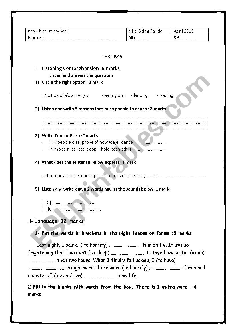 A test ( 9th form) worksheet