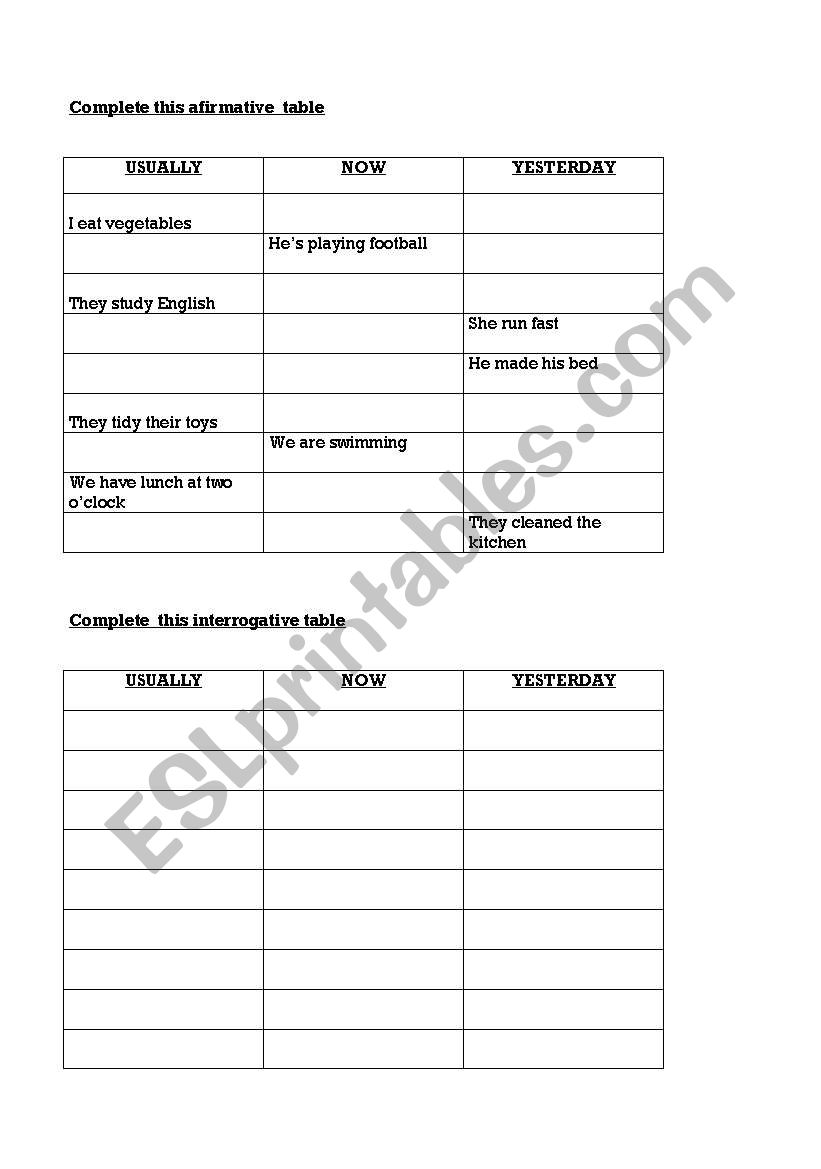 affirmative table worksheet