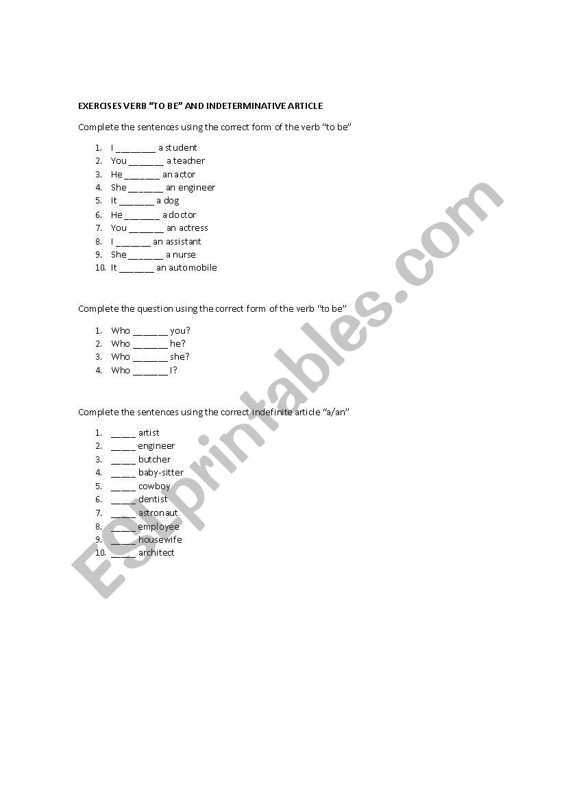 Exercises Verb To Be and Indeterminative Articles (a, an)