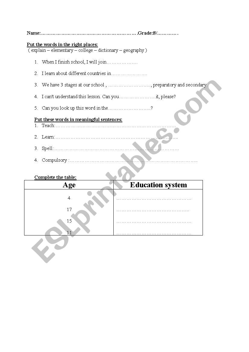 vocablury worksheet