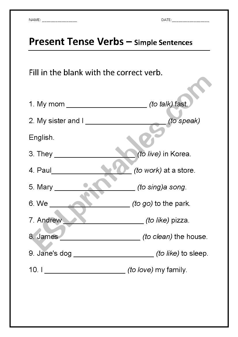 Present Tense - Simple Sentences - ESL worksheet by af0079