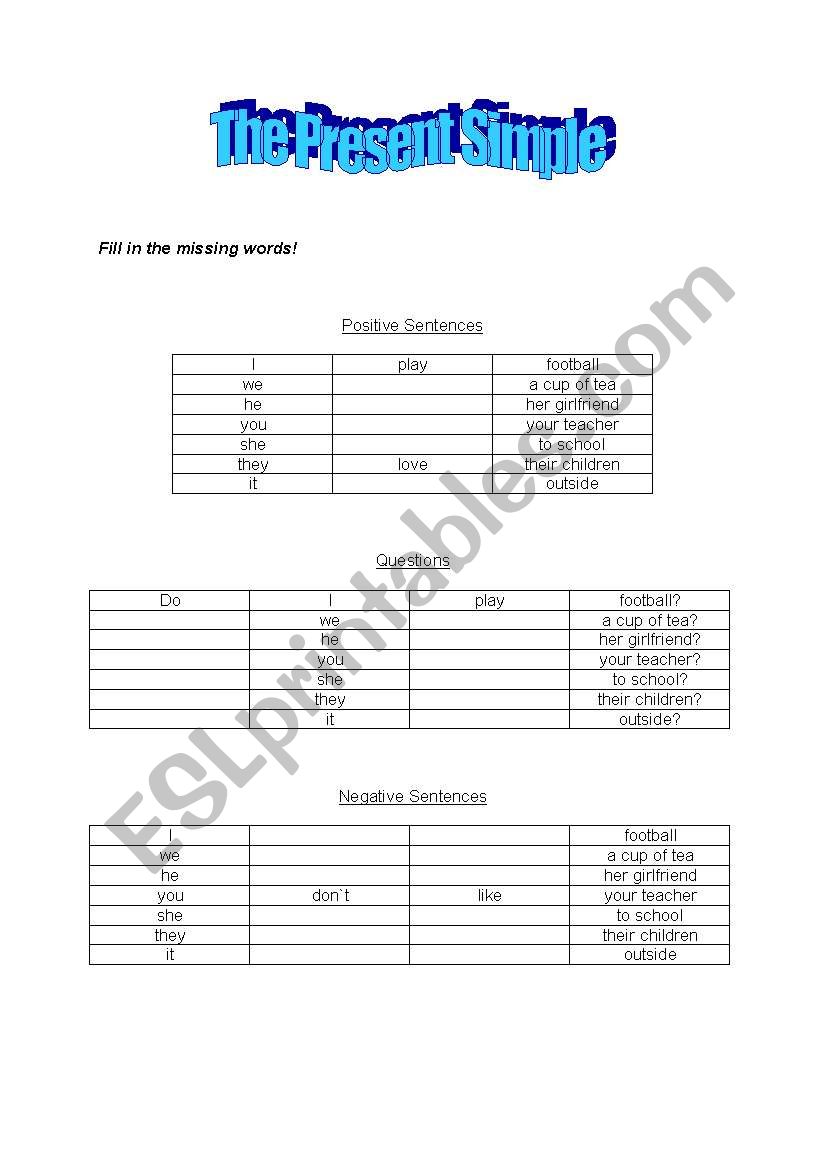 the present simple:examples worksheet