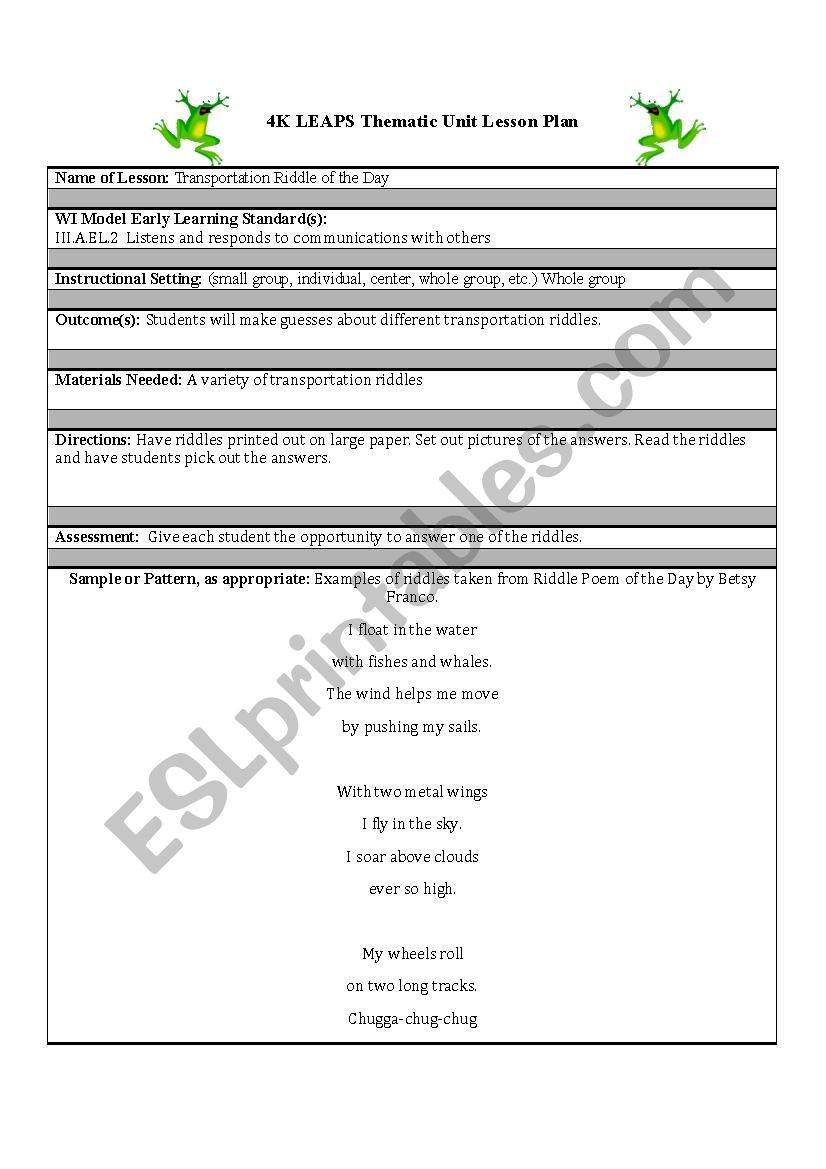 transportation riddles worksheet