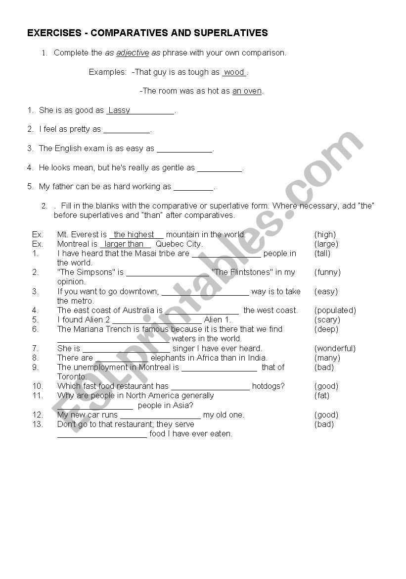 Comparatives and superlatives worksheet