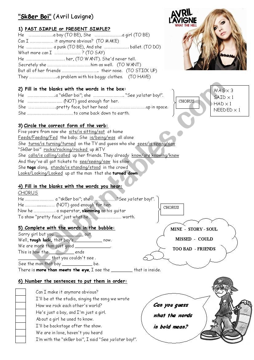 Song Skater Boy Sk8er Boi By Avril Lavigne Past Simple Present Simple Esl Worksheet By Flor Sin Tiempo - sk8er boi roblox id code