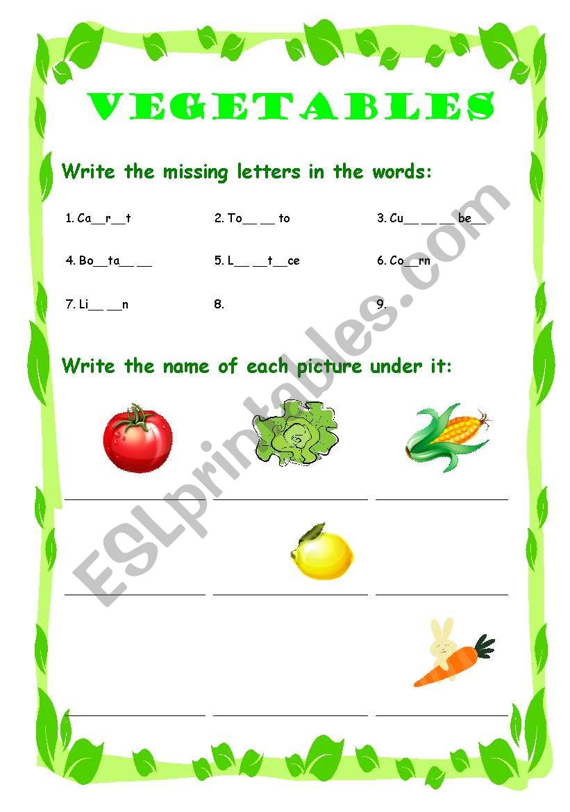 vegetables worksheet