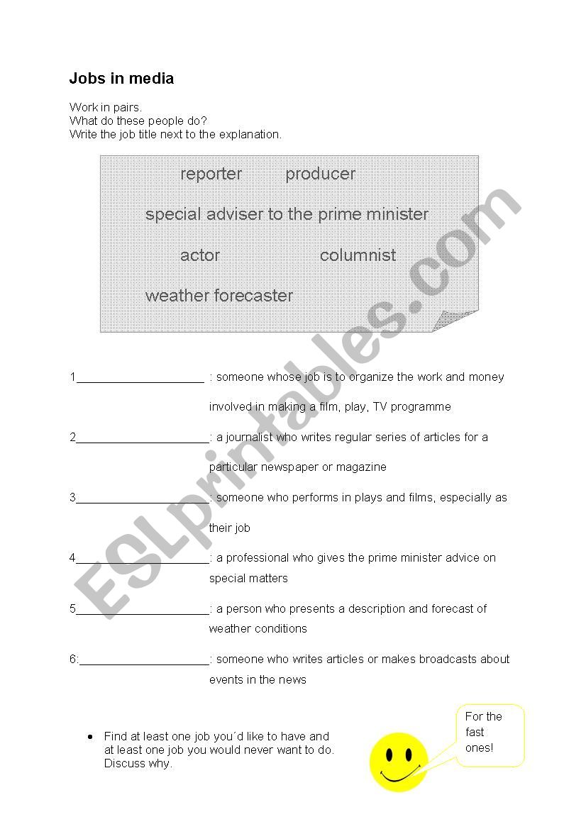 Jobs in Media worksheet