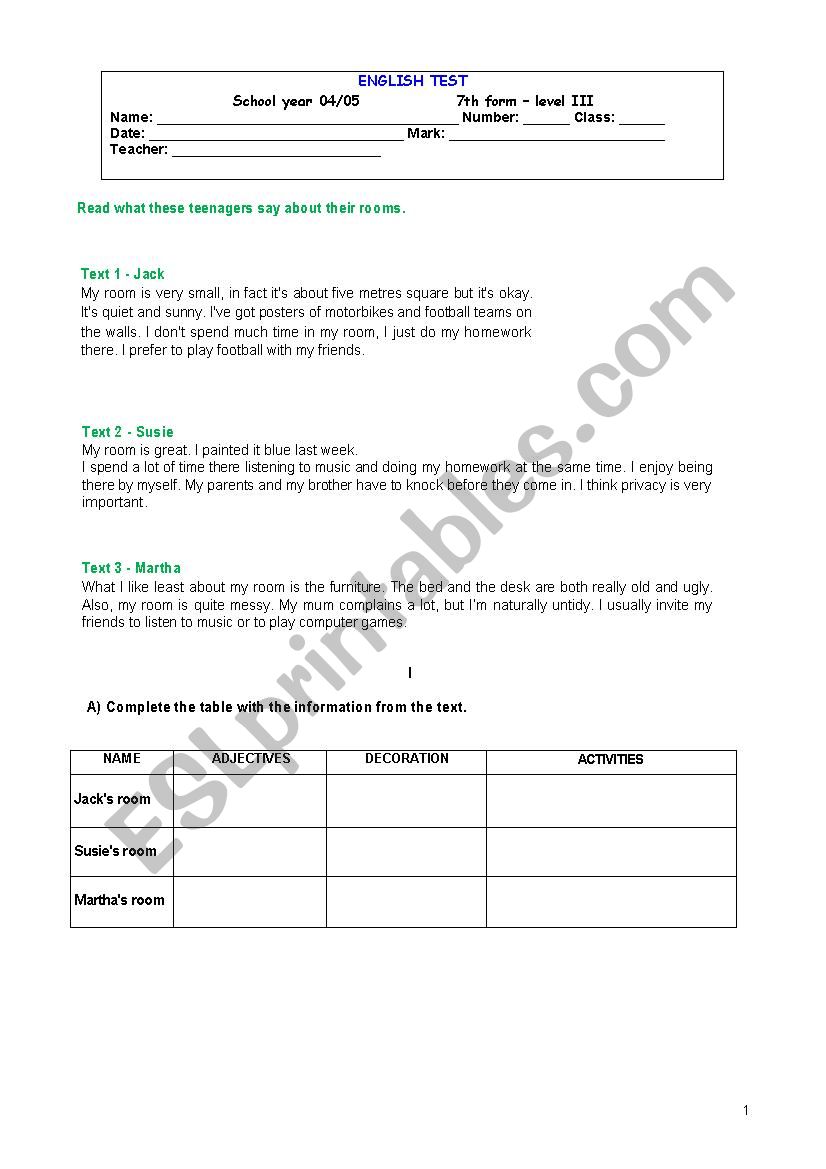 English test worksheet