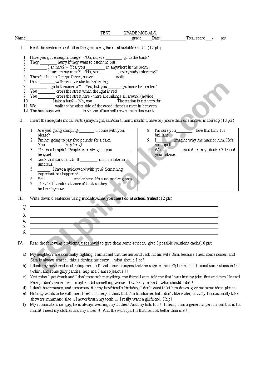 modal test worksheet