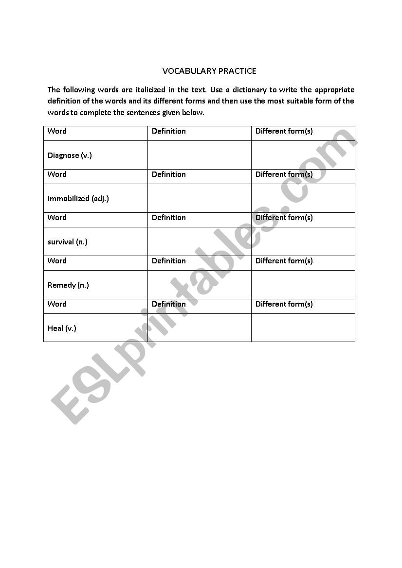 vocabulary study worksheet