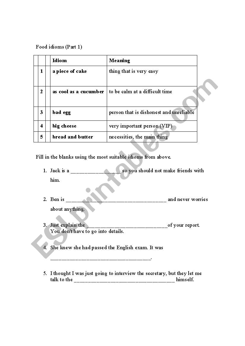 food idioms worksheet