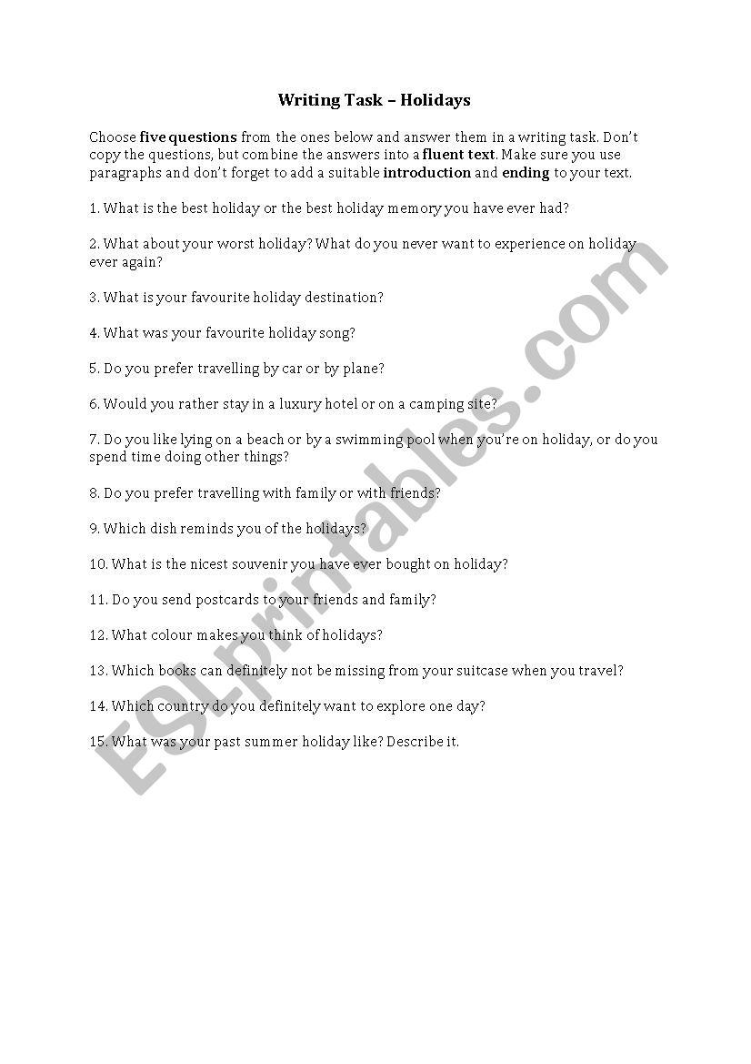 Writing - Holidays worksheet