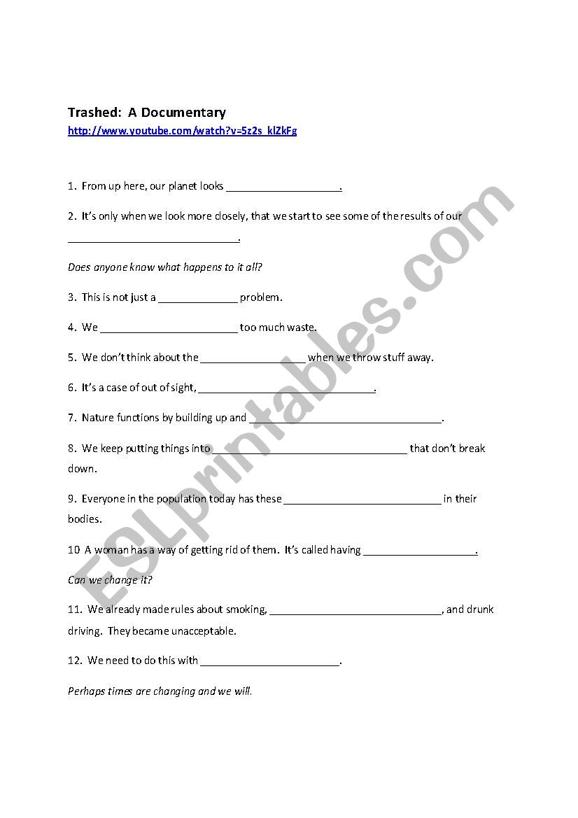 Trashed: A documentary worksheet