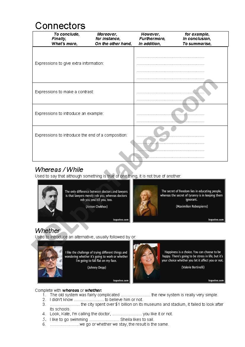 Connectors for opinion writings + whereas & whether