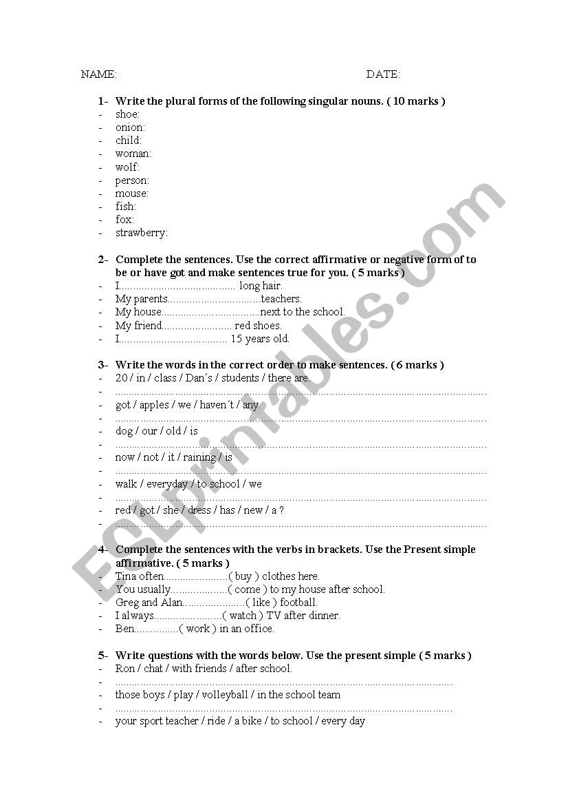 English test worksheet