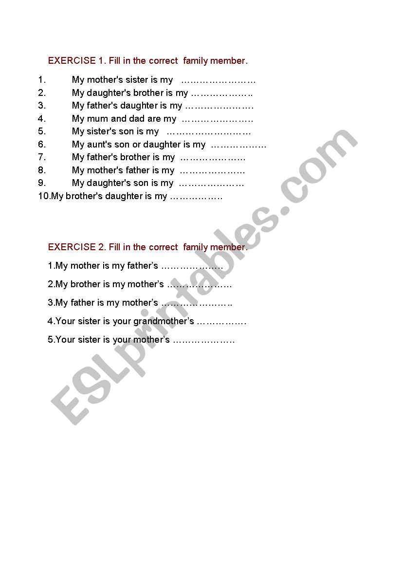 Family members worksheet