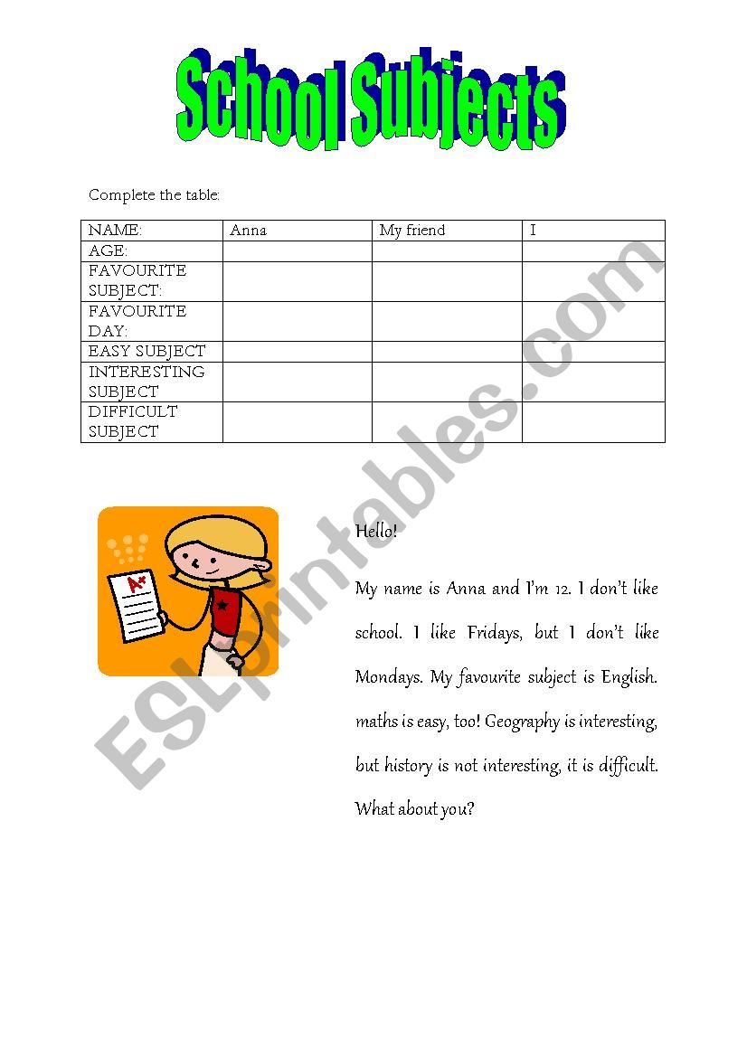 school subjects worksheet