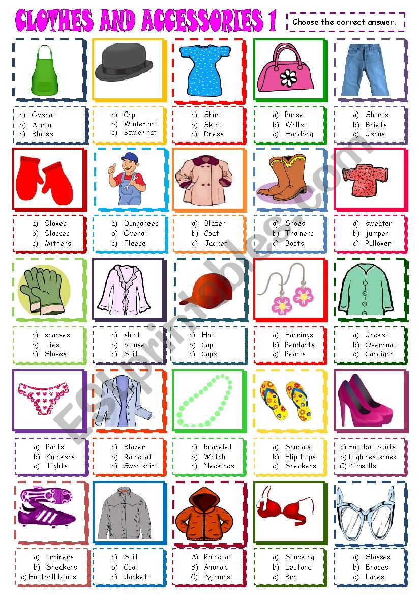 Clothes and accessories, multiple choice 1 - ESL worksheet by spied-d ...