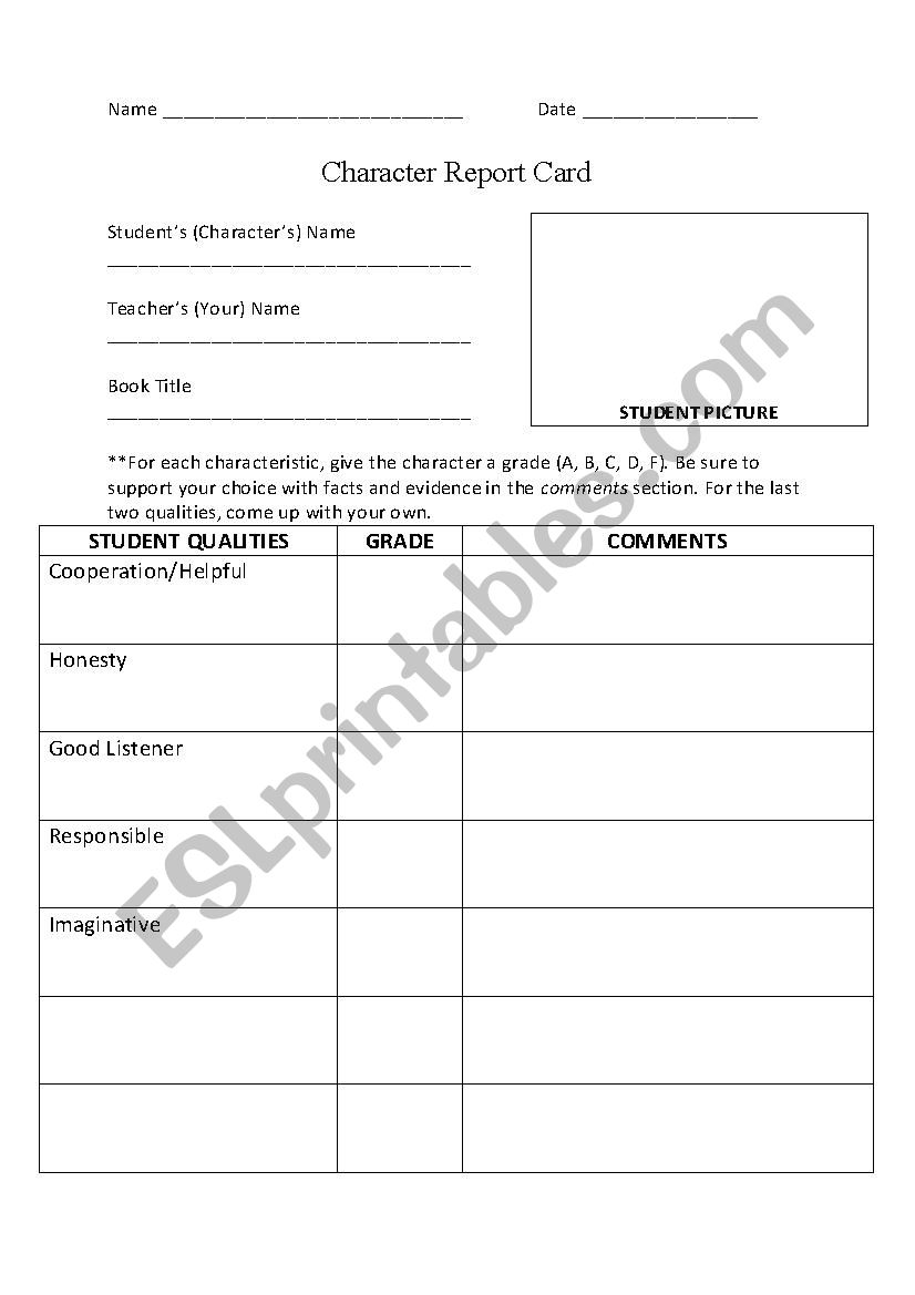 Character Report Card worksheet