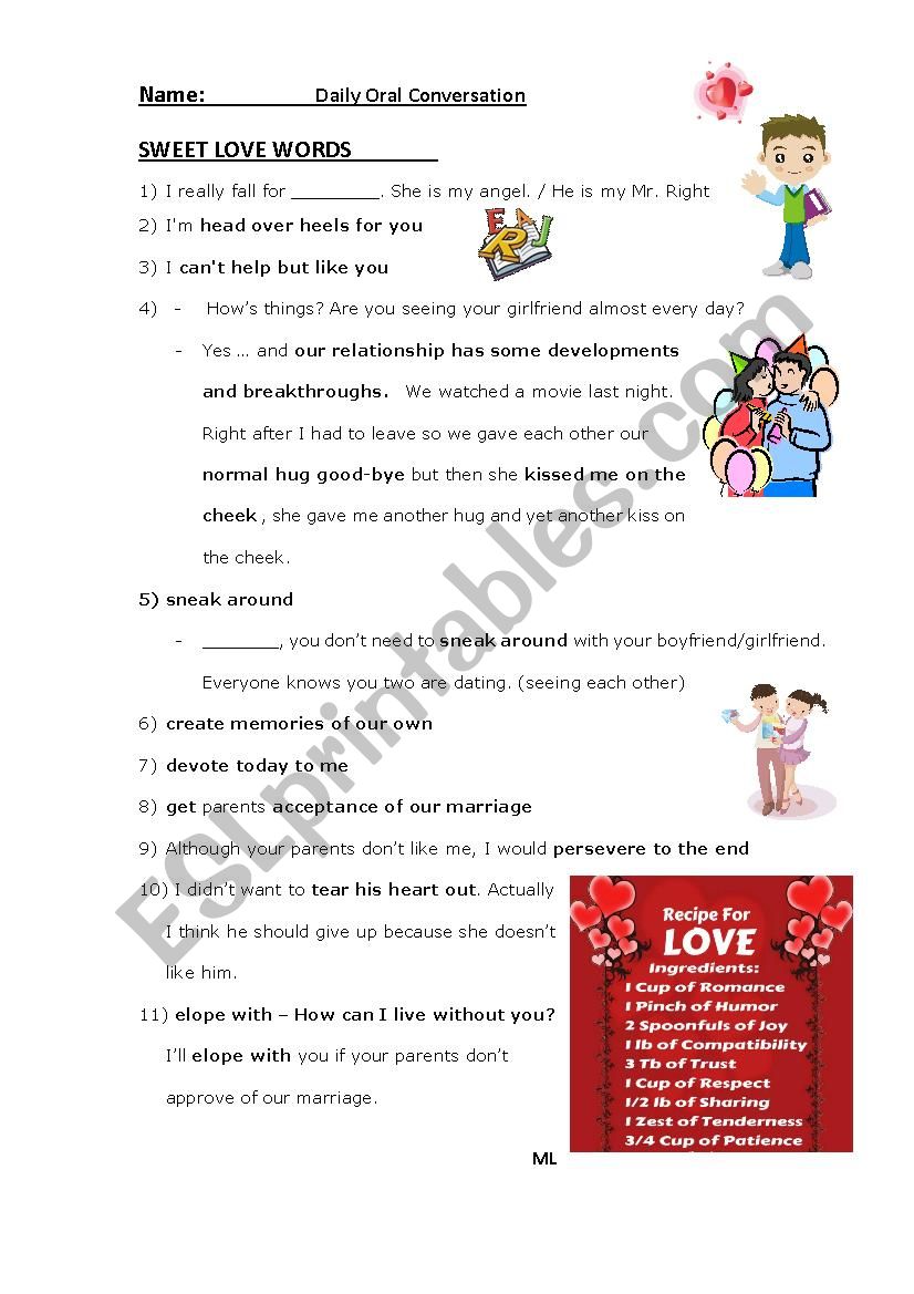Daily Oral Conversation 2 - Sweet Love Words - ESL worksheet by ...