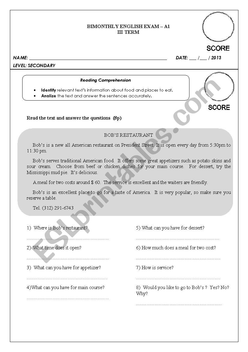 elementary exam worksheet