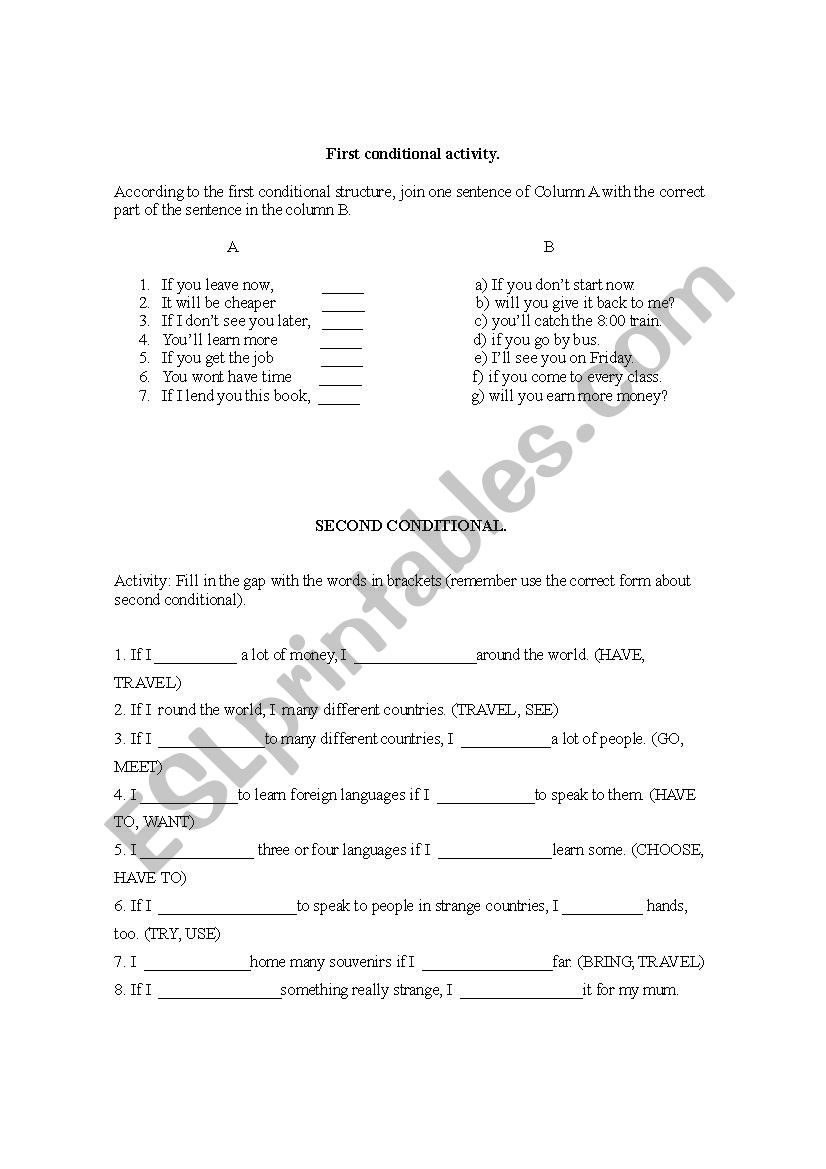 worksheet first and second conditional 
