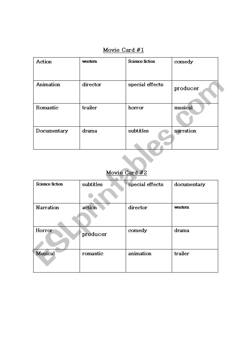 Movie Bingo cards worksheet