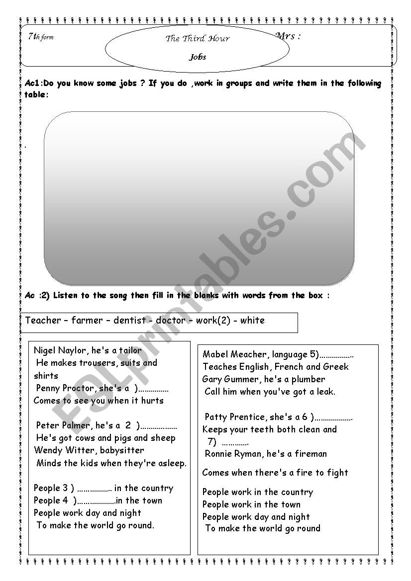 Jobs worksheet