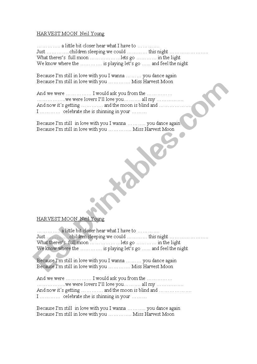 harvest moon  worksheet