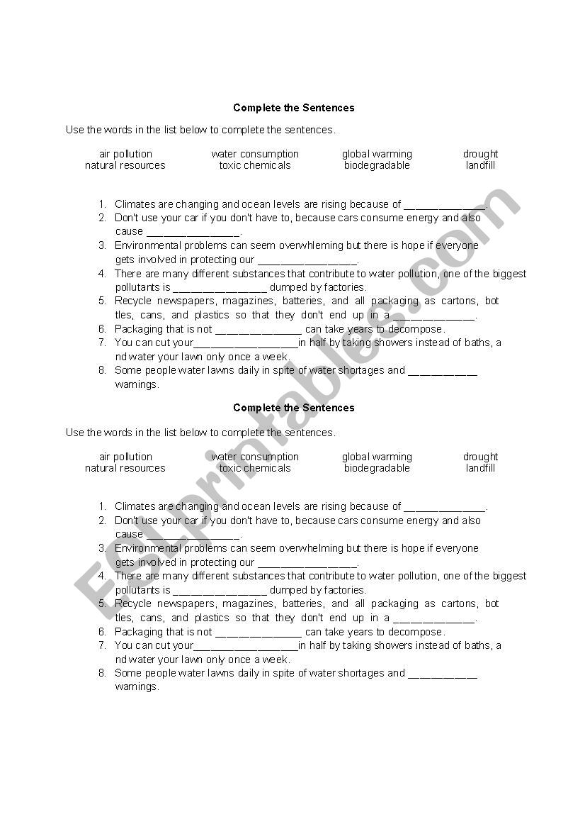 Environment vocabulary worksheet