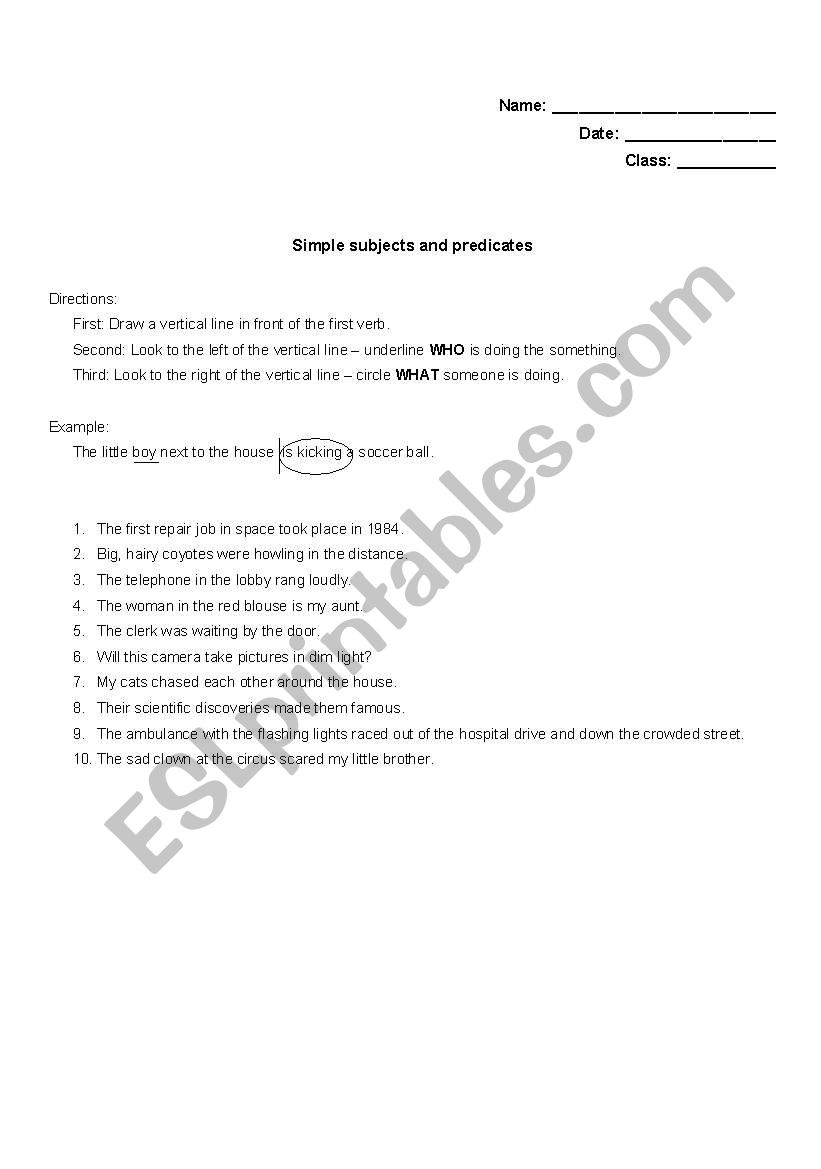 Subjects and Predicate worksheet