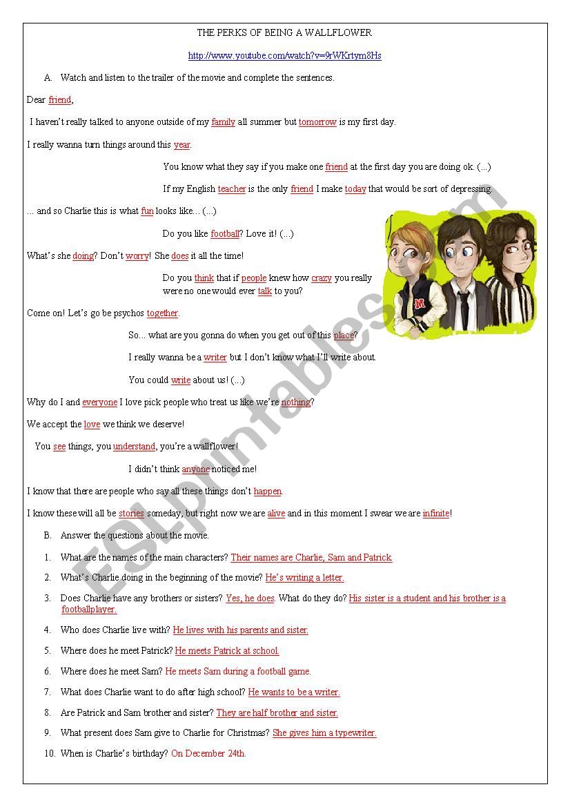 The Perks Of Being A Wallflower Movie Esl Worksheet By Whizz