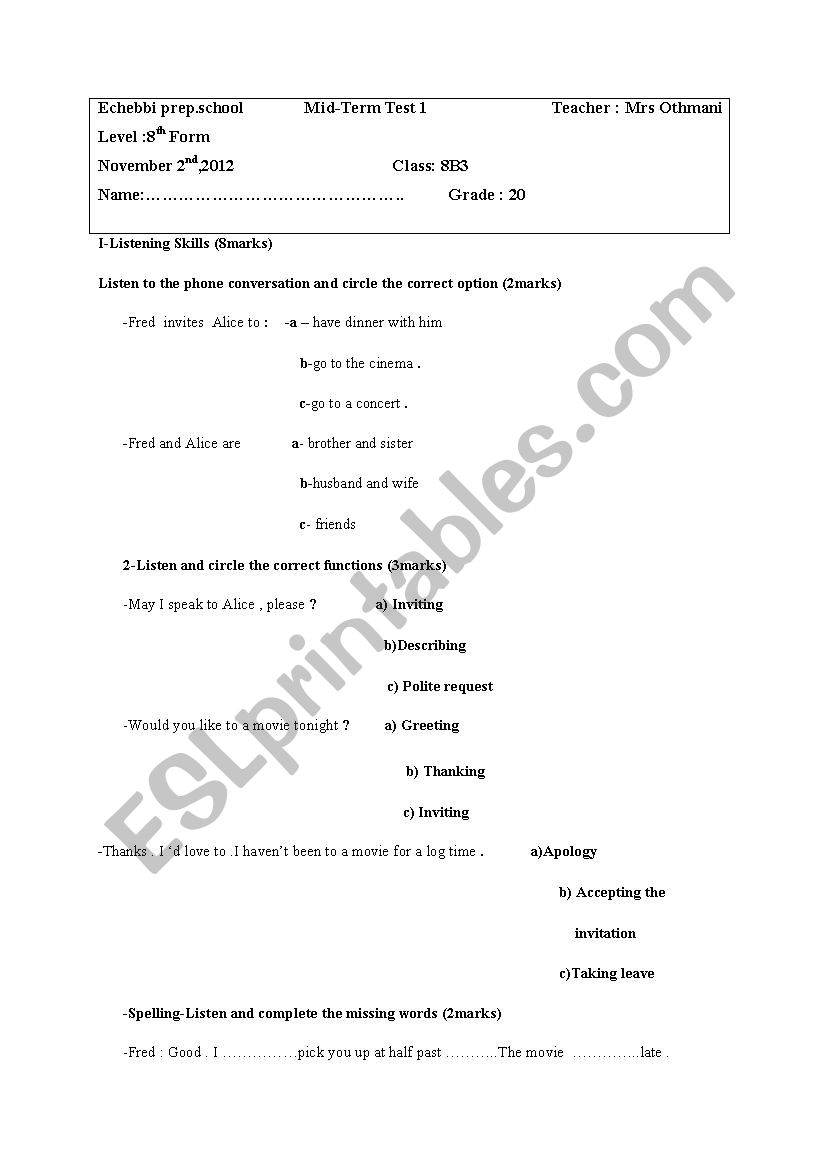 8th form test worksheet